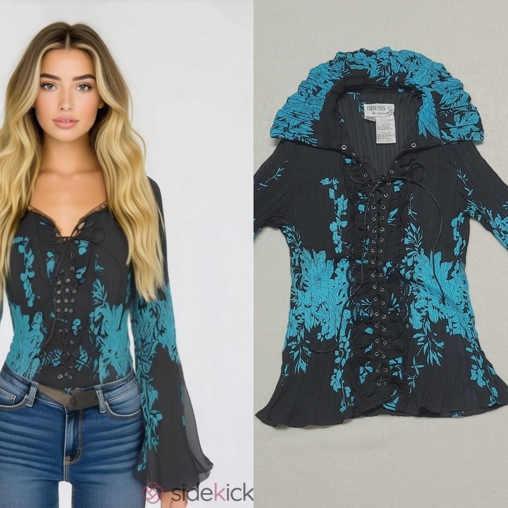 Gothic Vintage Lace-up Corset Black Teal Long Flare Sleeve Plisse Pleated Blouse